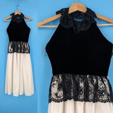 80s Bill Blass Collection III Halter Dress - XXS Eighties Black Velvet and Lace Formal Halter Dress 