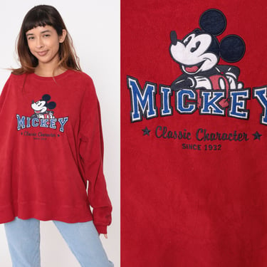 Mickey Mouse Fleece Sweatshirt -- 90s Red Disney Sweater Disneyland Kawaii Shirt 1990s Cartoon Crewneck Vintage Retro Extra Large xl 