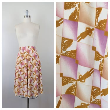 Vintage 1970s novelty print skirt, jersey, poly, disco, midi, silhouette 