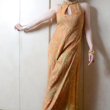 Vintage Gold Halter Top Palazzo Pants Jumpsuit 
