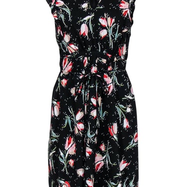 Rebecca Taylor - Black & Multicolor Floral Print Ruffled A-Line Dress Sz 4