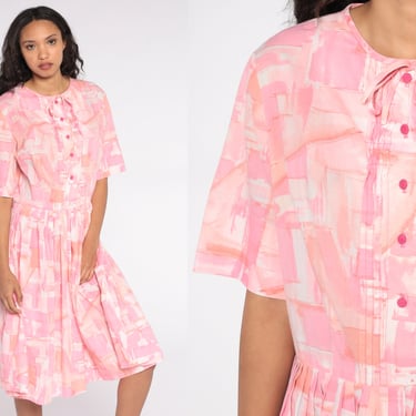 60s Day Dress Pink Watercolor Geometric Dress 1960s Midi Shirtdress Tea Length Button Up Shirtwaist Pleated Vintage Short Sleeve Large L 