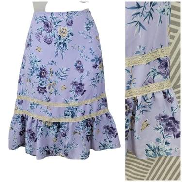 Vintage Y2k Skirt Boho 10 Festival Floral Tiered Lace Purple Lavender Below knee 