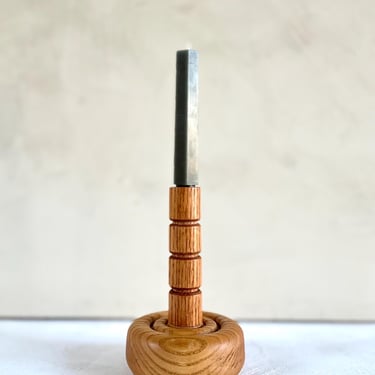 Vintage Handmade Handturned Oak Wood Sculptural 1980s Chunky Quality Candlestick Holder w/ Detailing Vintage Nautical Style, Bookcase Desk 