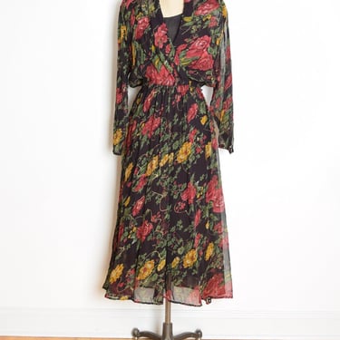 vintage 90s dress sheer black floral print surplice deep V long maxi L clothing 