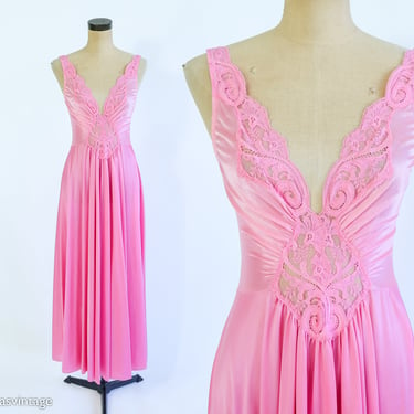 1970s Pink Nightgown Slip Dressing Gown | 70s Bright Pink Nightgown | Olga 