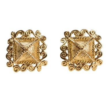 Nina Ricci 1980s Vintage Ornate Gold-Tone Metal Square Earrings 
