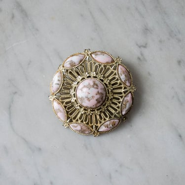large round brooch | pink stone brooch | round gold brooch 