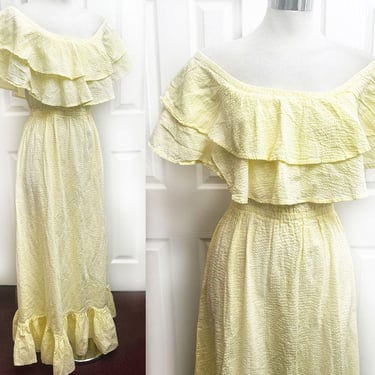 1970's Yellow Seersucker Maxi Prairie Style DRESS Long Gunne Sax style Dress, Gown Boho Hippie Vintage Day Summer Cotton Dress 