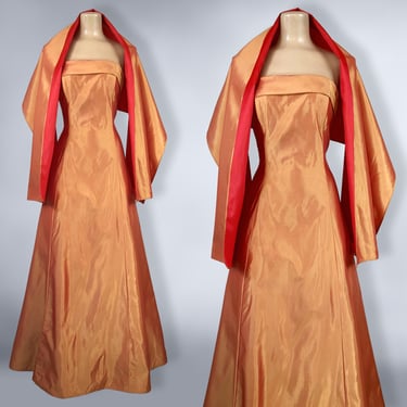 VINTAGE 90s Orange & Red Iridescent Taffeta Ball Gown Prom Dress by Roberta Sz 11/12 | 1990s Formal Gown Party Dress with Shawl | VFG 