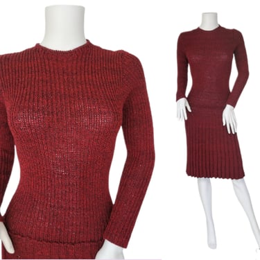 Vintage 1990's Burgundy Ribbed Sweater Knit Dress I Sz Sm 
