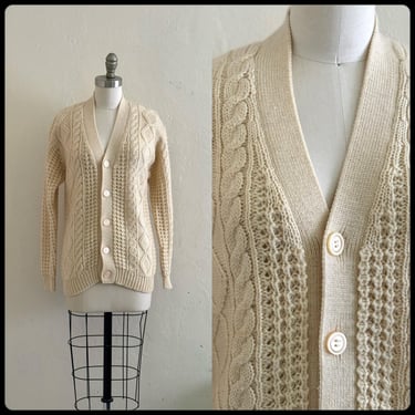 vintage 60's cream wool knit cable knit cardigan 