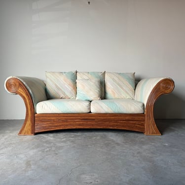 Vintage   Coastal Gabriella Crespi - Style Upholstered  Pencil Reed Roll Arm Sofa 