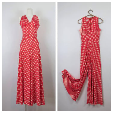 Vintage 1970s jumpsuit, bell bottoms, wide leg, polka dot, red and white 