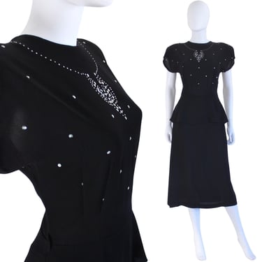 1940s Black & Silver Sequin Beaded Cocktail Dress - 1940s Sequin Dress - 1940s Cocktail Dress - 1940s Peplum Dress | Size Small / Medium 