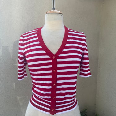 Vintage 90s knit crop top red white stripes button Sz XS/S St John Sport 