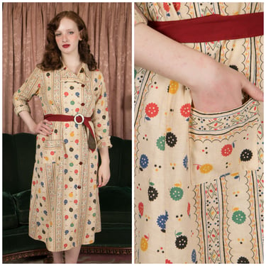 1930s Smock - Charming Vintage Early 30s Barmon Art Styled Cotton Wrap Dress/Robe with Colorful Art Deco Print 