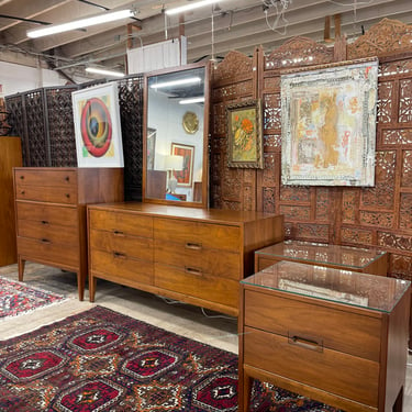 Mid Century Walnut Bedroom Furniture Includes Highboy & Lowboy Dressers with Nightstands by United Furniture