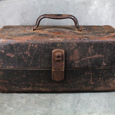Vintage Metal Tool Box - Rustic Storage - Vintage Industrial Decor | Tool Box with Fold Out Trays 