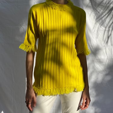 Vintage 60's Sweater / Fringe Knit Top / Mod Mock Neck Sixties Long Sweater Top / Bright Yellow Sweater 