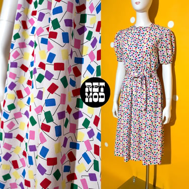 Cute Colorful Vintage 70s 80s Color Squares Confetti Fit & Flare Dress by Compositions 