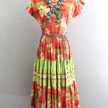 1950s - Patio Dress - Rockabilly - Southwestern - Vintage Western Wear - Estimated M 8/10 