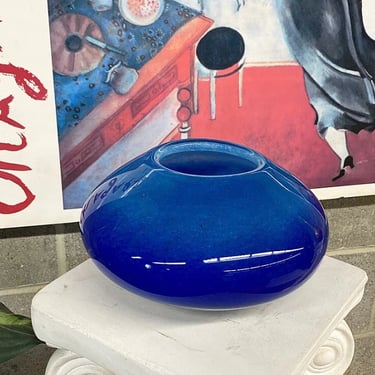 Vintage Vase Retro 1990s Contemporary Blue Ombre + Glass + Handblown + Murano Style + Round + Oval Shape + Home Decor + Bookshelf or Table 