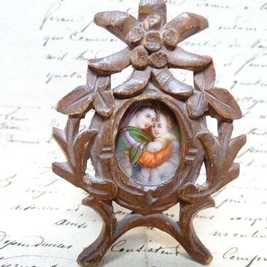 Hand Painted  Miniature Portrait of Saint Mary with Christ Child Jesus in Hand Carved Wooden Frame, Antique Madonna Painting 