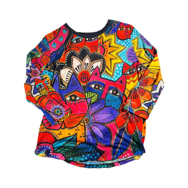 Vintage Colourful Cat T-Shirt 3/4 Sleeve Top Fun Artsy