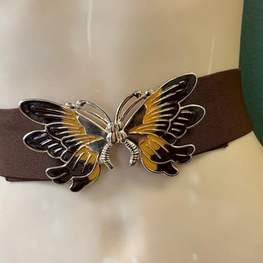 brown butterfly belt 1980s fashion enamel stretch waspie adjustable to XL 