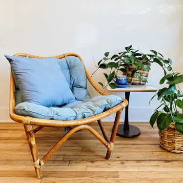 Rattan Lounge Chair with Blue Cushion