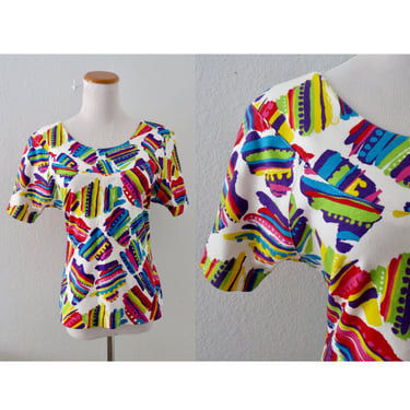 Vintage 90s Top - Abstract Colorful Print Blouse - Multicolored Paint Strokes - Size Small 