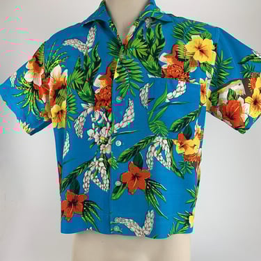 1960's-70's Hawaiian Shirt- Jac - Vivid Tropical Colors - LUAU Label - Made in Japan - All Rayon - Cropped Short - Men's Medium 