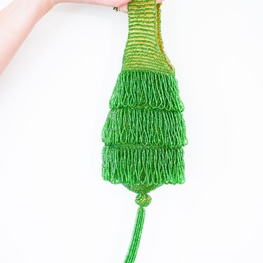 Antique Green Beaded Purse w Fringe and Tassel 