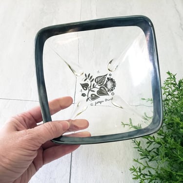 Vintage Georges Briard Damask Square Glass Dish Bowl/ Silver Overlay/ Signed/ Mid Century Scandi Decor 