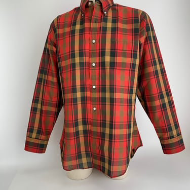 Early 1960's Shadow Plaid - McGREGOR Label - Poly/Cotton Blend - Red & Black Ombre Plaid - Buttondown Collar - Men's Large - NOS DEADSTOCK 