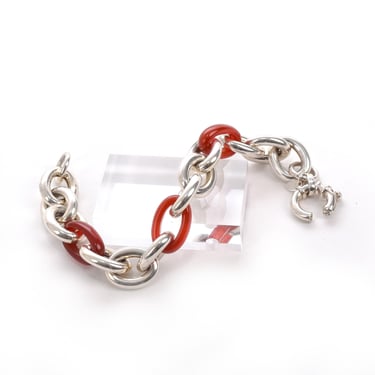 Vintage Arte d'Argento Sterling Silver and Carnelian Link Bracelet, Silver Chain Link Bracelet with Oval Carnelian Links, 8 in 