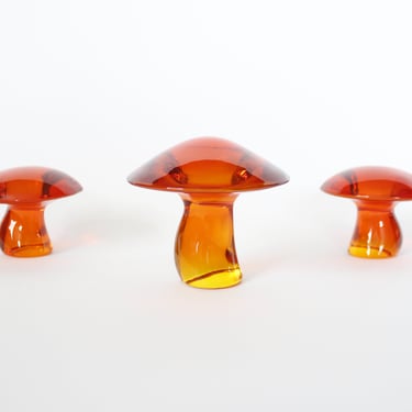 Vintage 70s Viking Glass Mushrooms - Set Of 3 - Orange / Persimmon 