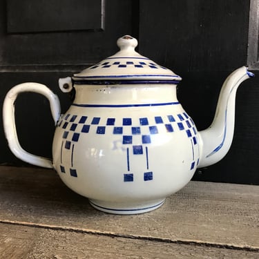 French Enamel Café Coffee Tea Pot, Blue Lustucru, Blue White Check, French Farmhouse Decor 