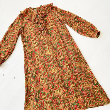 1970s Lillie Rubin Paisley Print Silk Dress with Ruffled Neckline 