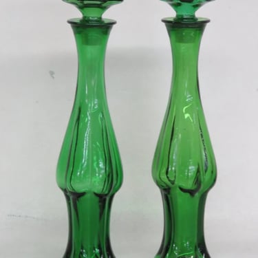 Avon Emerald Green Glass Flower Stoper Empty Perfume Bottles a Pair  3855B