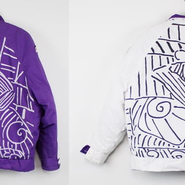 Vintage 80s Puffy REVERSIBLE Coat, Purple & White, Line Art Graphic Print - Small 