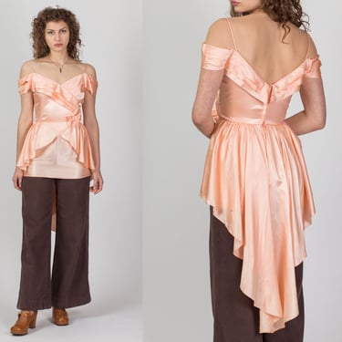 70s Peach Pink Satin Train Dress - Small | Vintage Off Shoulder Sweetheart Neck Fitted Micro Mini Dress 