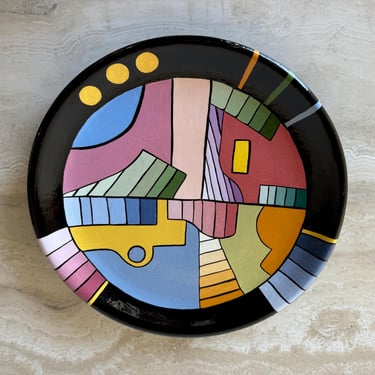 1980s Postmodern Geometric Abstract Hand-Painted Ceramic Wall Plate 