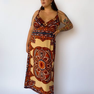 Y2K Cream Retro Print Maxi Dress, sz. L-XL