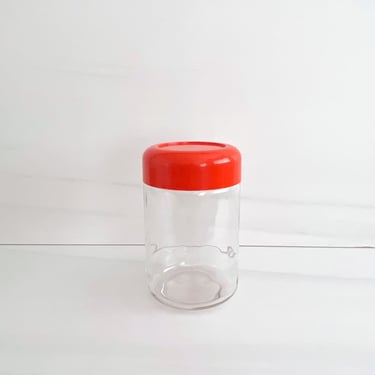 Vintage Mid Century Modern 8.25" Heller Glass Jar Canister Container with ORANGE Plastic Lid Retro Kitchenware 