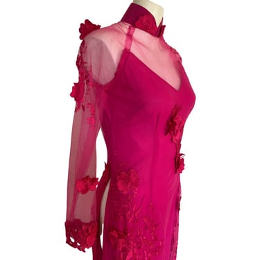 90's Vintage SHEER DRESS, embellished Pink DRESS pink sheer floral dress, 3D flower deco garden dress size small s 4 / 6 