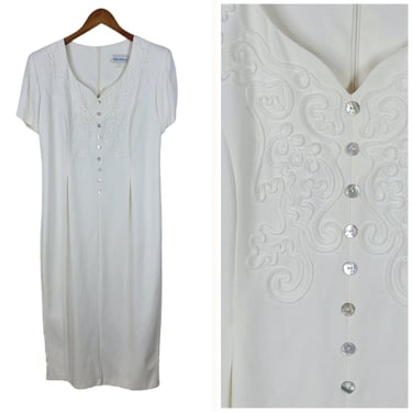 Vintage 90s Embroidered Sheath Dress Size 8/10 Long Maxi Modest White Wedding 