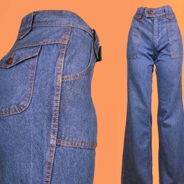 Wide leg jeans, vintage 70s, patch pockets, medium wash, orange stitching, playful design. Keystone loops. (31 x 35) 