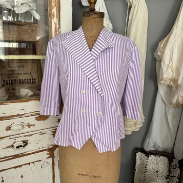 Vintage 80s Pastel Colored Button Up Cotton Blouse with Wide Quarter Sleeves; 80s Spring Candy Stripe Blazer Purple and White L 